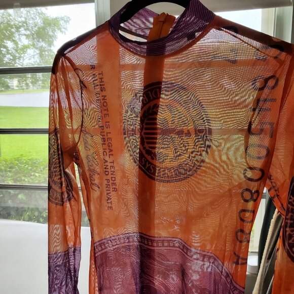 No 1 Los Angeles Bodycon $100 Orange Purple Sheer Y2K Mesh Long Maxi Dress L - Picture 8 of 16